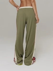 Musera Sport Contrast Colour Elasticated Waist Side Stripe Loose Fit Wide Leg Jogger Outdoors Workout Gym Terra Peak - Army Green - View 4