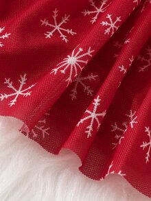 SHEIN Playful Pals Infant Girl Burgundy Ruffle Trim Ribbed Stripe & Snowflake Mesh Patchwork Dress & Headband 2pcs Set - Burgundy - View 7