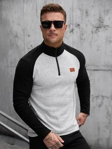 Manfinity CasualCool 男士對比色插肩袖半拉鍊長袖拼接設計T恤 - 彩色 - 查看 5
