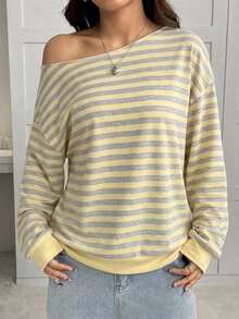 SHEIN EZwear 女款不對稱肩寬鬆黃灰條紋運動衫，休閒極簡日常百搭派對聚會機場穿搭 Y2K 上衣，女款秋季服飾，秋季穿搭，女款通勤穿搭，百搭上衣，外出穿搭，機場穿搭 - 彩色 - 查看 3