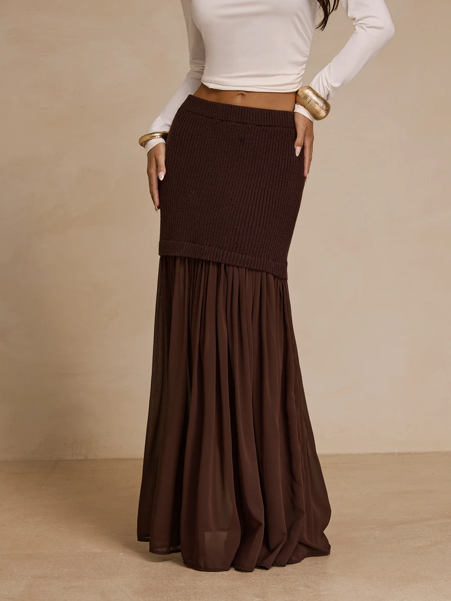 Glamine Women's French Style Ribbed Chiffon Pleated Knit Skirt - Coffee Brown - View 1