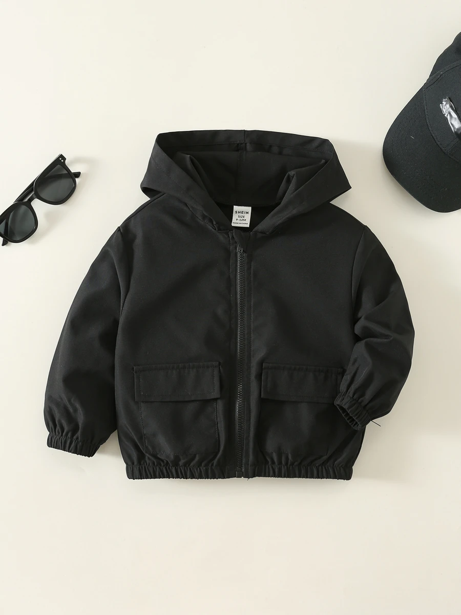 SHEIN 男嬰秋冬純色百搭舒適連帽長袖黑色夾克外套 嬰兒連帽夾克 - 彩色 - 查看 1