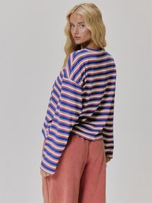 MUSERA Blue Contrast Stripe Long Sleeve Top Fall Autumn Winter Coolgirl Style Casual - Multicolor - View 5