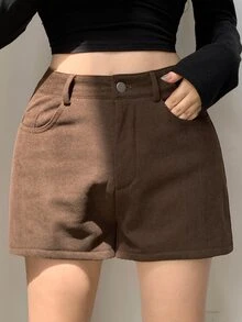 DAZY 女款棕色燈芯絨高腰直筒鈕扣休閒復古街頭風學院風辣妹短褲，秋冬款 - 棕色 - 查看 2