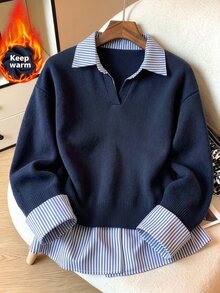 GlowEve CURVE Plus Size Striped Patchwork Collared Long Sleeve Pullover Sweater - Navy Blue - View 1