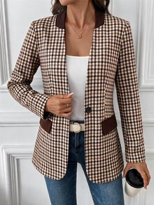 SHEIN Clasi Blazer Kasual Wanita Lengan Panjang Motif Houndstooth dengan Satu Kancing - MultiWarna - View 5