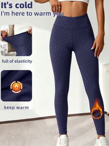 Slayform Women's Thermal Lined Thick Polka Dot Print Leggings - Navy Blue - View 1