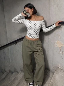 Seusyu Women's White Polka Dot Cold Shoulder Long Sleeve Crop Top, Side Striped Ruched Fitted Tee For Streetwear Date Halloween Christmas - Apricot - View 3
