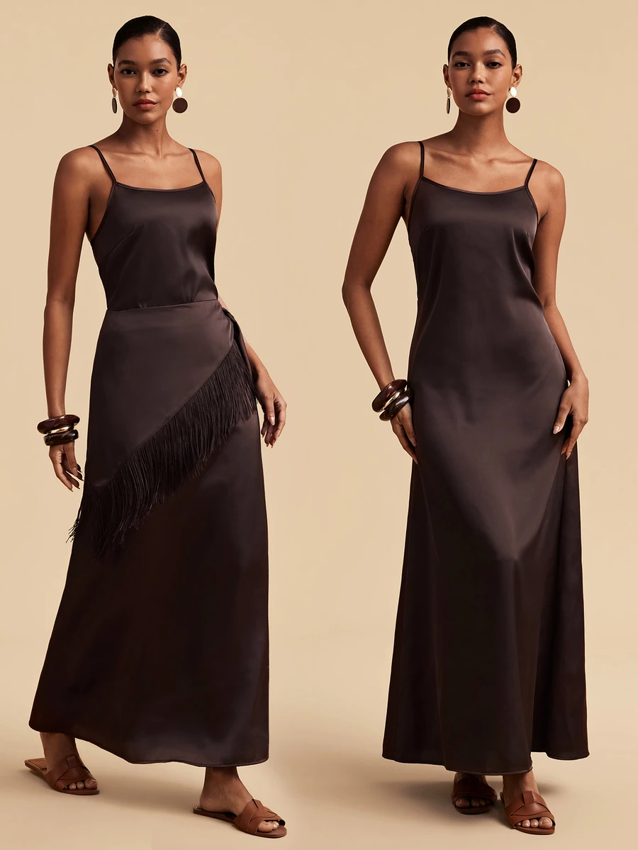 Travachic Women's Elegant Sexy Satin Spaghetti Strap Dress With Tassel Scarf Set Night Out Dark Brown - Brown - View 1