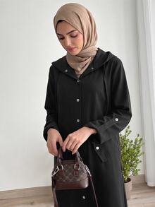 Solavon Women's Solid Color Front Button Hooded Jacket And Pants Arabic Outfit Set - Black - View 5