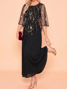 Amorya Women's Mesh Patchwork Casual Party Long Dress - Black - View 5