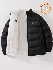 SHEIN Teen Boys' Jacket Thermal Lined Hooded Padded Quilted Winter Coat,Back-To-School Winter Autumn - Black - View 5