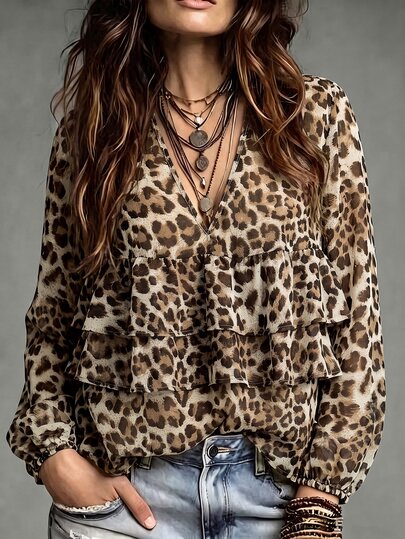 LUMIGAL Women's Autumn Leopard Print V-Neck Long Sleeve Ruffle Hem Blouse