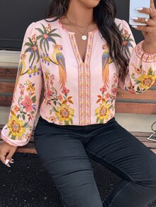 SHEIN VCAY 大尺碼花卉印花缺口V領女式襯衫 - 彩色 - 查看 6