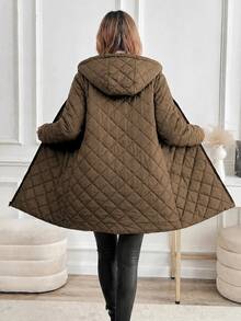 SHEIN Clasi Women's Solid Color Long Sleeve Zipper Front Thermal Lined Casual Hooded Winter Jacket - Rust Brown - View 2
