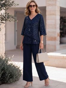 EMERY ROSE Middle-Aged Women Rhinestone V-Neck 3/4 Sleeve Blouse And Long Pants Elegant Set - Multicolor - View 4