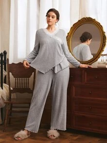 Côtesoire Plus Size Women's Comfortable Ribbed Lace Long Sleeve V-Neck Knit Pajama Set - Light Grey - View 1