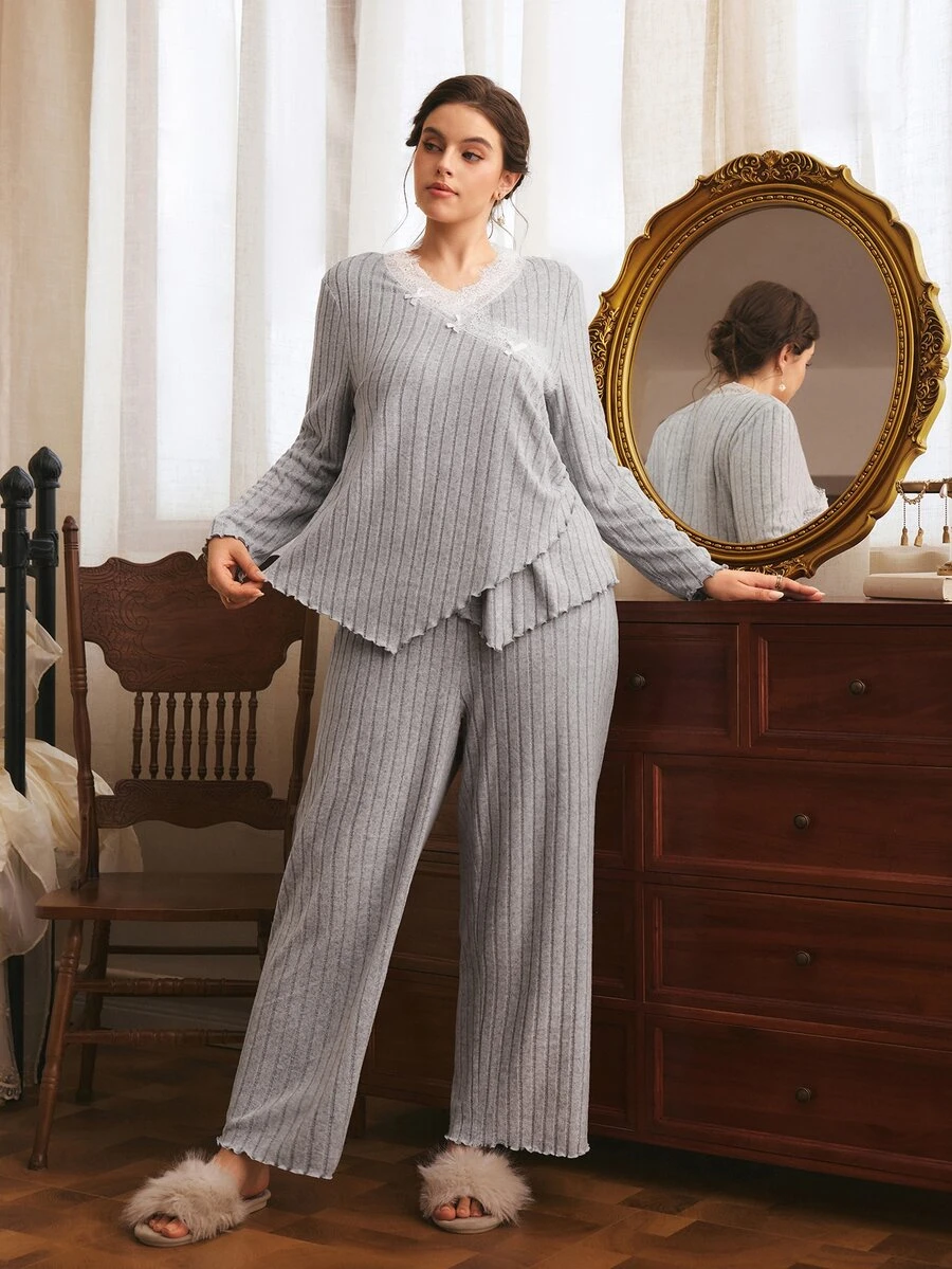 Côtesoire Plus Size Women's Comfortable Ribbed Lace Long Sleeve V-Neck Knit Pajama Set - Light Grey - View 1