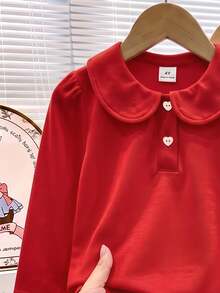 Elladie kids 女童白色3件組長袖 Polo 衫，彼得領搭配精緻愛心鈕扣，基本純色修身長袖 T 恤，適合返校季 - 紅色 - 查看 3