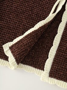 INAWLY Women's Thick Textured Short Knit Cardigan, Contrast Color Ruffle Bowknot Long Sleeve Loose Short Sweater Jacket - Coffee Brown - View 7