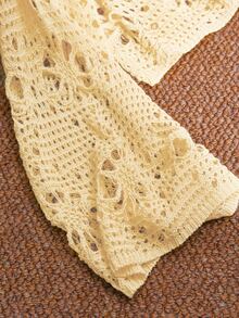 CosyJoli Plus Size Solid Color Hollow Knit Sweater Fall - Light Yellow - View 5