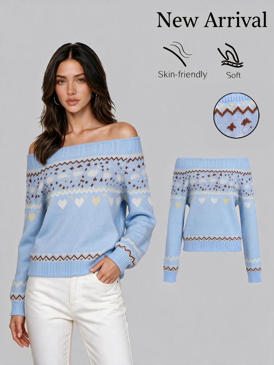 Sweetra Fair Isle Jacquard Off-Shoulder Long Sleeve Fashion Sweater - Multicolor - View 1