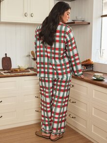 Doze Lane Minimalist Classic Red & Green Plaid Button-Down Plus Size Pajama Set, Casual Comfortable Lapel Loungewear - Multicolor - View 2