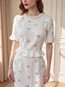 Suri Mira Women's Sequin Ruffle Hem Top And Mermaid Skirt 2 Pieces Set - White - View 4