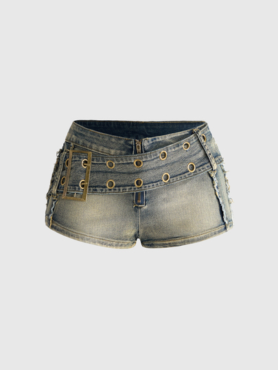 Grunge Punk Denim Shorts With Vintage Large Belt, Metallic Contrast Color, Sexy Niche Style