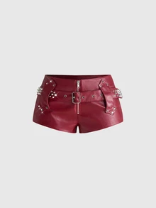 ROMWE Y2K Sexy Punk Hot Girl Rivet Belt Waist Buckle Design Ultra Low Waist PU Shorts - Burgundy - View 1
