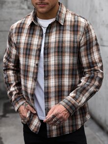 Manfinity CasualCool 男士格紋長袖單排扣休閒街頭風襯衫，感恩節度假外出秋季穿搭 - 彩色 - 查看 4