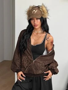 Coolane 女款秋冬外出派對電音節性感街頭風 Y2K 時尚棕色豹紋拉鍊連帽寬鬆口袋衛衣 秋季服飾 - 棕色 - 查看 4