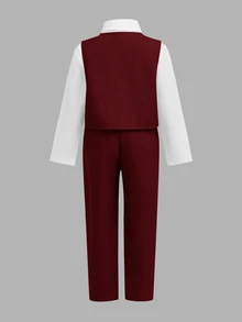 SHEIN 小男孩三件套西裝：卡其色背心、鬆緊腰長褲、領結與長袖襯衫，紳士風，適合春夏/秋冬 - 酒紅色 - 查看 3