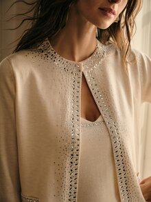 MOTF PREMIUM 1PC WOMEN'S RHINESTONE EMBELLISHED CARDIGAN LONG SLEEVE FAUX POCKET SWEATER, SOFT FABRIC, SUITABLE FOR VARIOUS OCCASIONS, SPRING AUTUMN WINTER WOMEN'S CLOTHING - Apricot - View 1