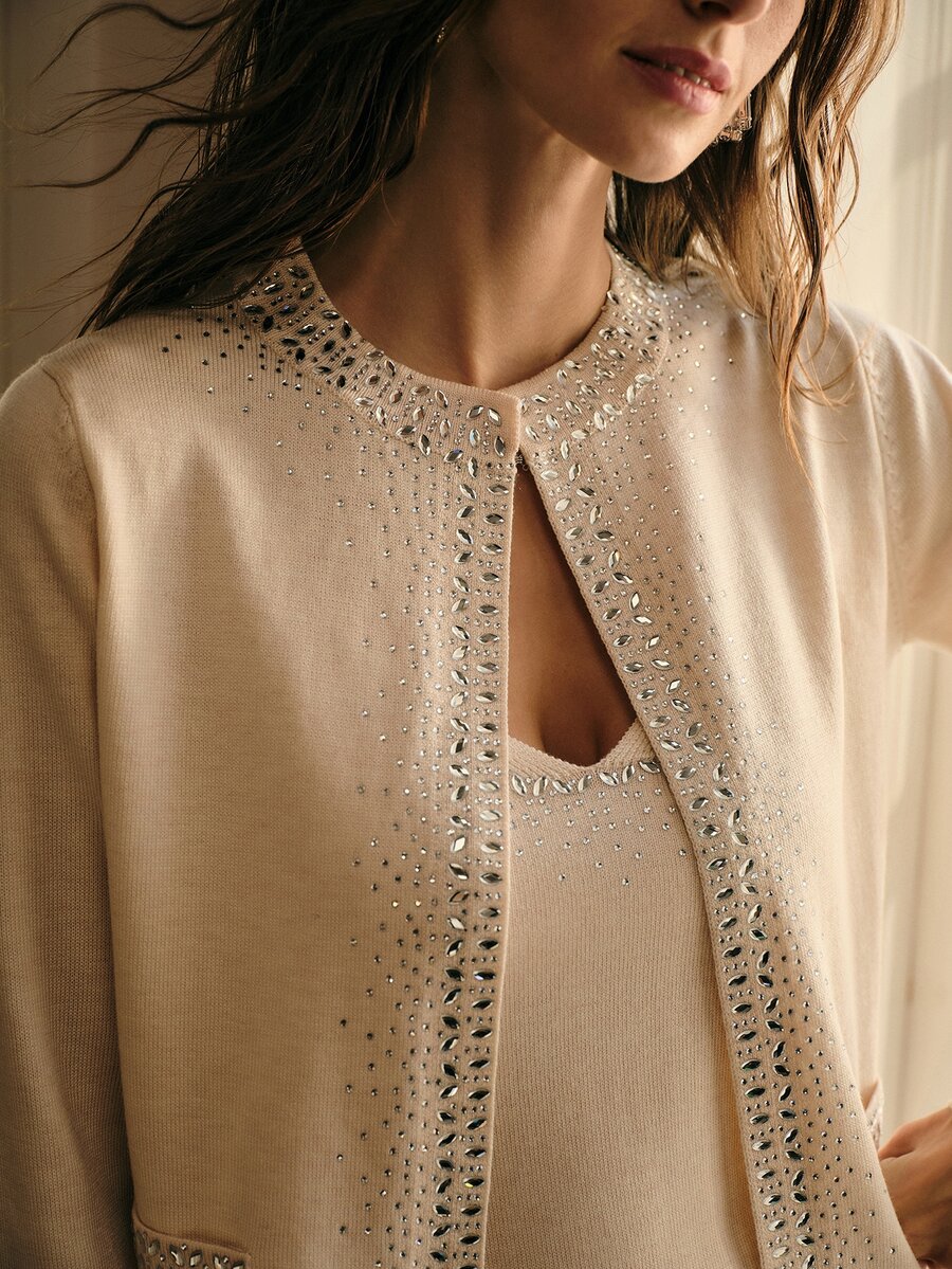 MOTF PREMIUM 1PC WOMEN'S RHINESTONE EMBELLISHED CARDIGAN LONG SLEEVE FAUX POCKET SWEATER, SOFT FABRIC, SUITABLE FOR VARIOUS OCCASIONS, SPRING AUTUMN WINTER WOMEN'S CLOTHING - Apricot - View 1