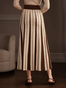 Anewsta Women's Autumn/Winter Brown Coffee Vertical Ribbed Ribbed Knit Skirt, Wide Elastic Waist Vintage Slouchy Sweater Skirt - Multicolor - View 2