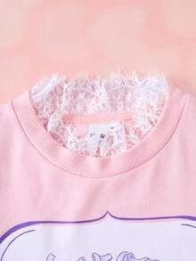 HELLO KITTY AND FRIENDS | SHEIN Tween Girl Contrast Lace Round Neck Long Sleeve Cartoon Print Sweatshirt - Pink - View 4