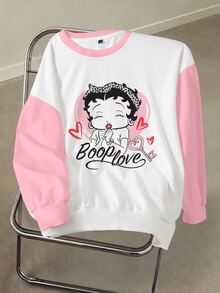 Betty Boop x SHEIN بلوزة رياضية كاجوال يومية بأكمام طويلة وياقة دائرية بنقشة كرتونية مقاس كبير - أبيض - مشاهدة 1