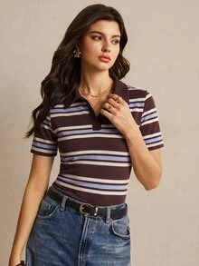 Poéselle 女款新款棉混紡針織條紋撞色 Polo 短袖 T 恤，休閒街頭、辦公、學院風，萬聖節與聖誕節穿搭 - 彩色 - 查看 5