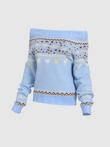 Sweetra Fair Isle Jacquard Off-Shoulder Long Sleeve Fashion Sweater - Multicolor - View 5