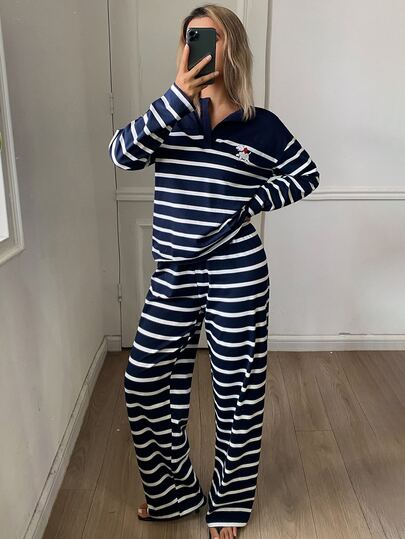 DAZY Women's Striped Colorblock Long Sleeve Top And Loose Long Pants Pajama Set