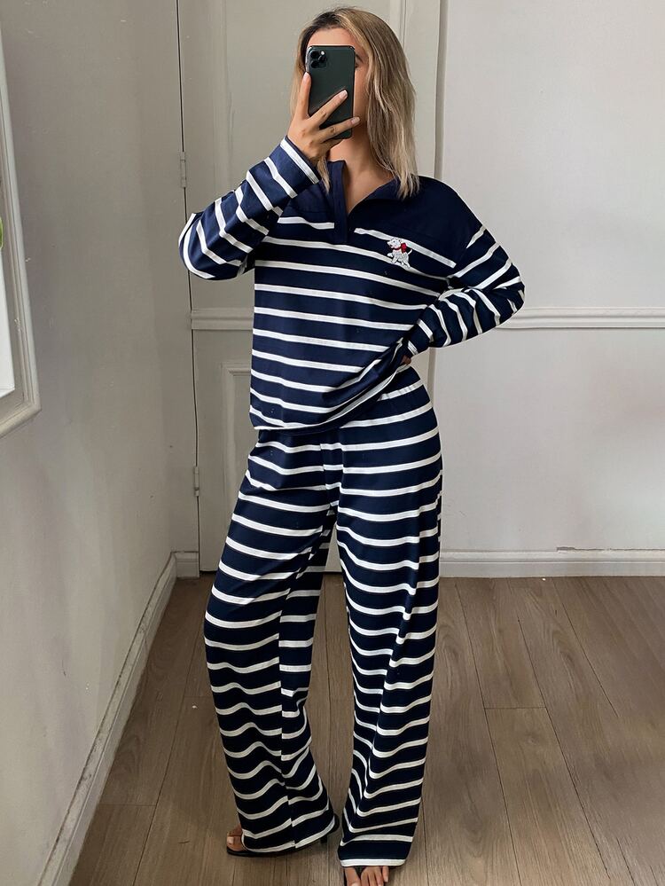 DAZY 女款條紋拼接長袖上衣與寬鬆長褲睡衣套裝 - 藏蓝色 - 查看 1