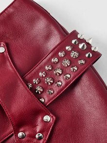 ROMWE Y2K Sexy Punk Hot Girl Rivet Belt Waist Buckle Design Ultra Low Waist PU Shorts - Burgundy - View 3