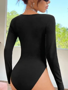 SHEIN BASICS Women's Solid Color Square Neck Long Sleeve Casual Bodysuit - Multicolor - View 8
