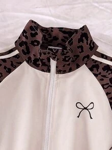 SHEIN Genkimix Kids 2件組少女夾克褲套裝，可愛甜美粉色豹紋蝴蝶結長袖立領常規款，適合生日派對秋季穿著 - 棕色 - 查看 6
