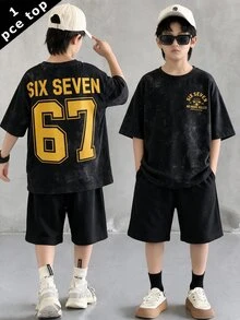 青少年男孩休閒舒適時尚極簡圓領短袖T恤，經典紮染圖案印花，酷炫67 Six & Seven文字圖案印花，適合運動 - 彩色 - 查看 3