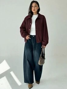 Aloruh Women's Solid Color Long Sleeve Single-Breasted Casual Jacket - Maroon - View 5