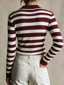 SHEIN Unity Women's Striped Collared Long Sleeve Casual Versatile Sweater - Burgundy - View 2