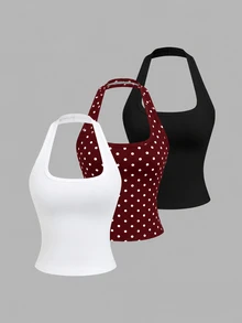 Sweetra 3pcs Summer French Fashion Polka Dot & White, Pale Yellow Backless Cinched Waist Sexy Casual Versatile Women's Halter Tank Top Set - Multicolor - View 5