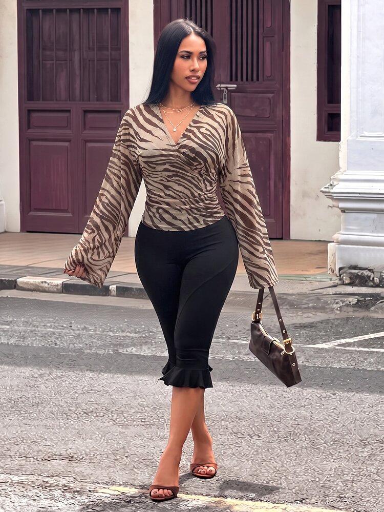 Slaydiva New Summer/Autumn Women's V-Neck Wrap-Style Loose Long-Sleeved Top/Elegant/Party/Vacation/Festival/Holiday/Commuting/Goning Out/Zebra Print - Multicolor - View 7